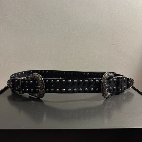 Double Buckle Waist Belt, Black with Pewter Buckles and Studded Rivets - Picture 2 of 6